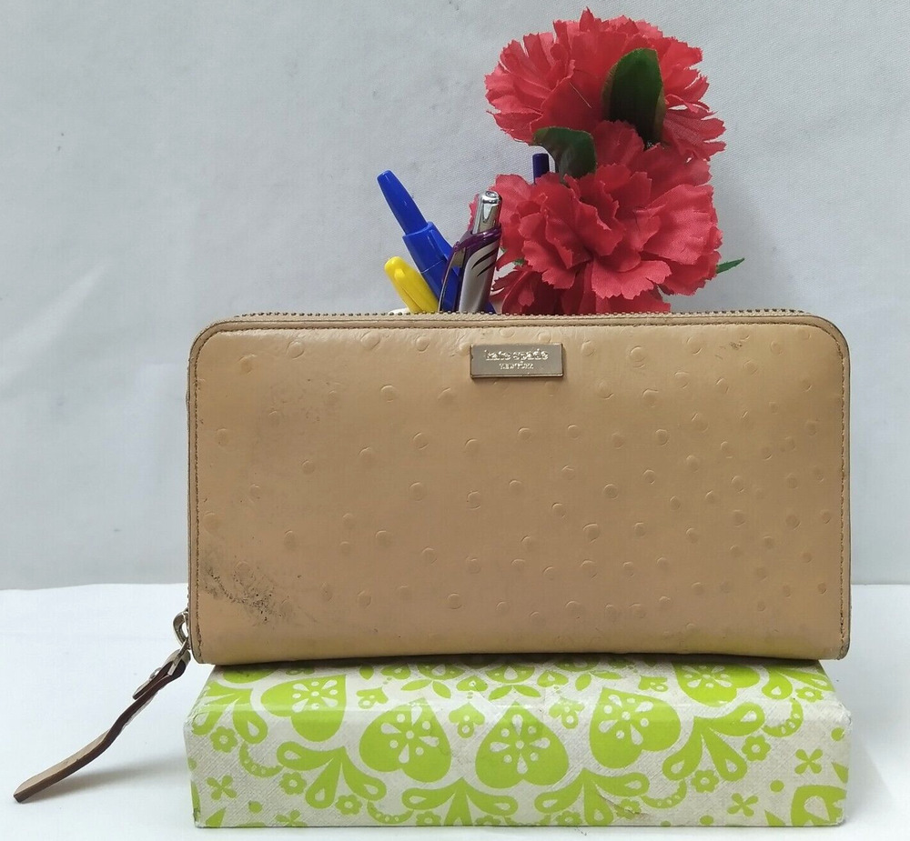 Kate Spade New York Tan Leather Ostrich Embossed Credit Card Zip Around Wallet